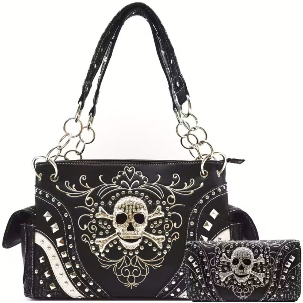 New Punk Gothic Rock Metallic Skull Purse and Wallet set Bling